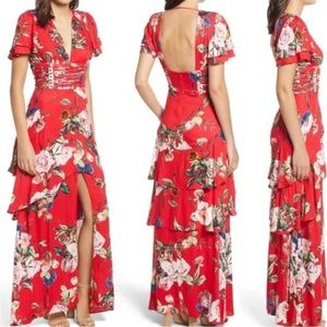 AFRM Floral, tiered dress. Front slit, corset detail